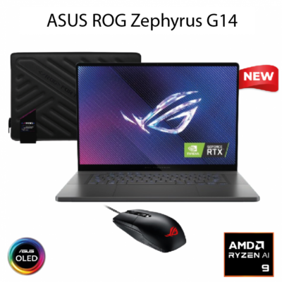 NEW (2024) Laptop ROG Zephyrus G14 | AMD Ryzen 9 8945HS Processor RTX™ 4060 14″ 120Hz 3K OLED HDR 500NITS ROG Zephyrus Sleeve ROG Impact Gaming Mouse